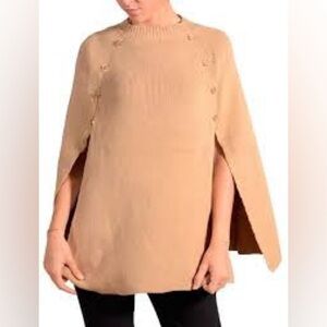 Linda Anderson Button-Side Knit Cape Sweater Poncho – Camel Brown – One Size